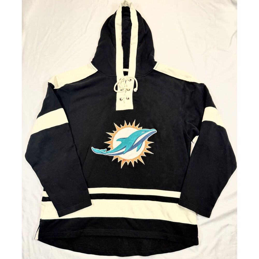 Miami Dolphins OT Sports Lace Up Hoodie Large Black Hockey Style NFL